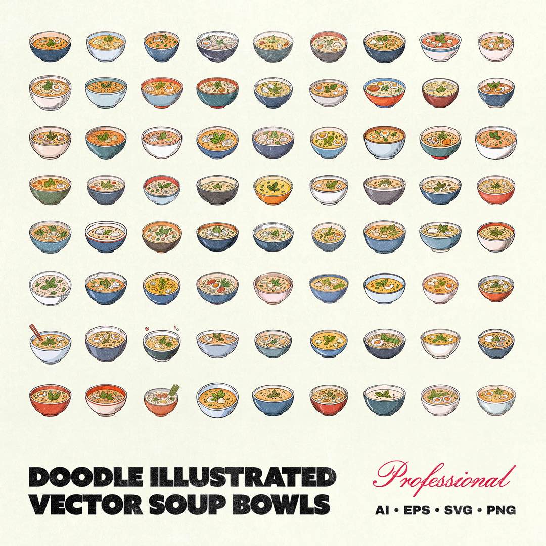 72 Doodle Illustrated Vector Soup Bowls